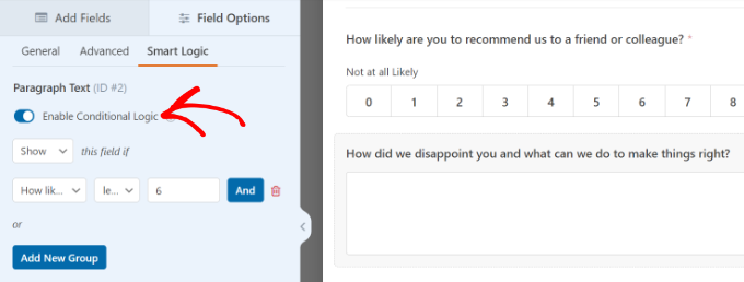 Add paragraph text field and edit the label Enable conditional logic