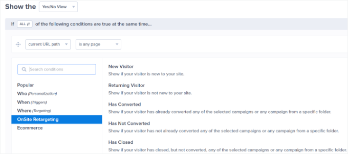 OptinMonster's OnSite Retargeting rules OptinMonster's OnSite Retargeting rules