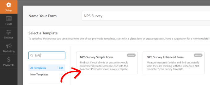 Create a new survey form Select a NPS survey form template
