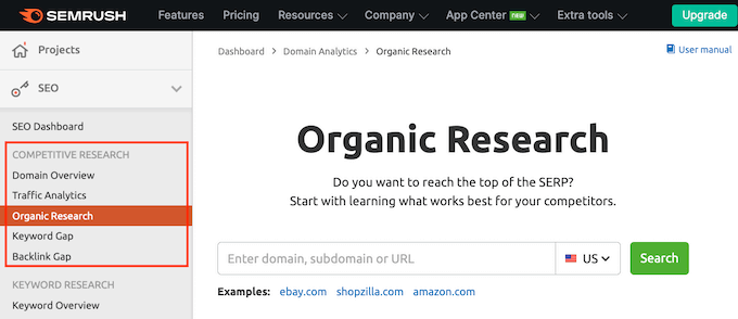 Secțiunea de cercetare a concurenței de la Semrush Secțiunea de cercetare a concurenței de la Semrush