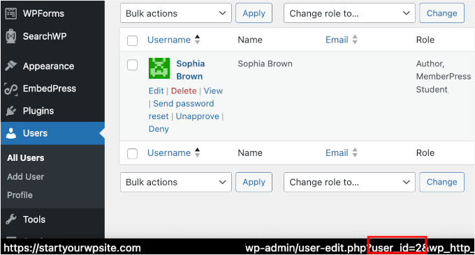 Finding User ID by hovering over the user's name