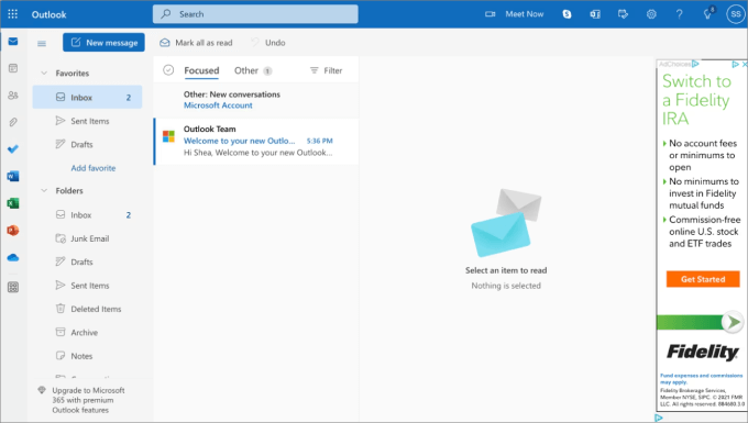 Outlook inbox on Microsoft 365 Business Basic with ads