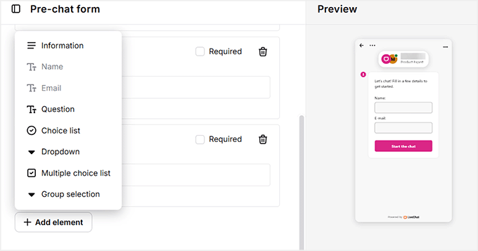 Add form fields in LiveChat