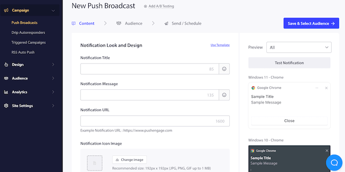 L'interface utilisateur de PushEngage