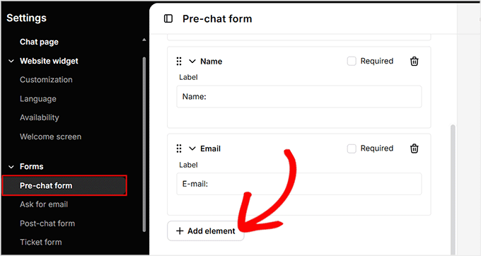 Click the 'Add Element' button for pre-chat form in LiveChat