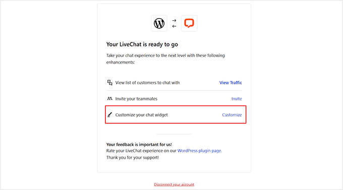 Click the Customize link to start customizing your LiveChat widget