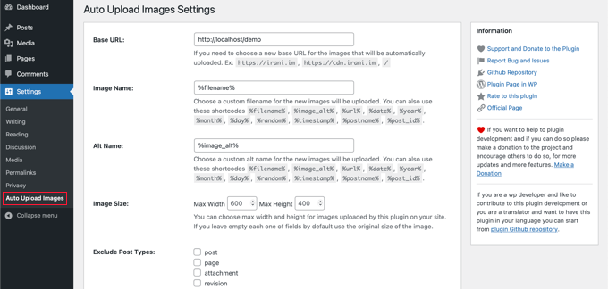 The Auto Upload Images Settings Page The Auto Upload Images Settings Page