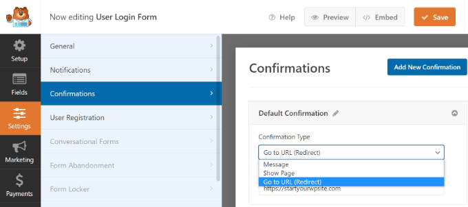Sezione di conferma Vai alle impostazioni di conferma