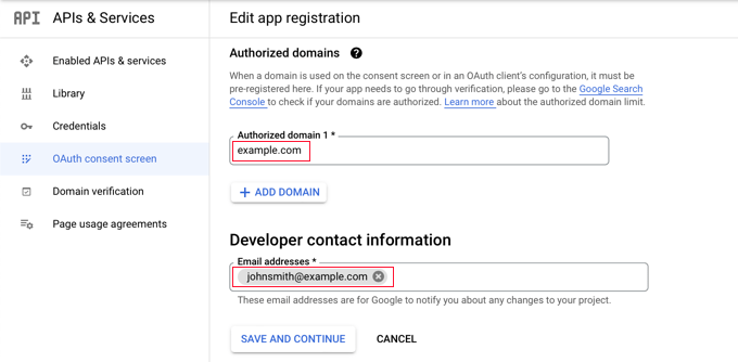 Aggiungi il dominio del tuo sito web e un indirizzo email