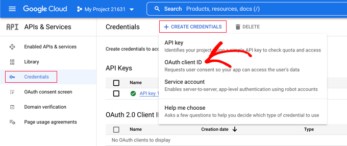 Fai clic su Crea credenziali e seleziona ID client OAuth