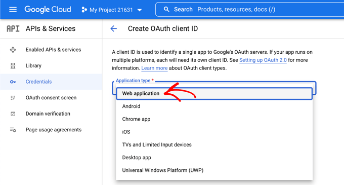 Seleziona Applicazione Web per il Tipo di Applicazione