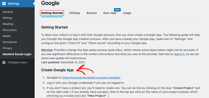 La scheda di avvio di Nextend Social Login