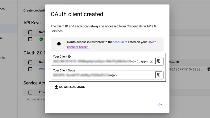 Ora vedrai il tuo ID client e il tuo segreto client