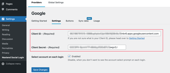Incolla il tuo ID client Google e il tuo segreto client nelle impostazioni del plugin
