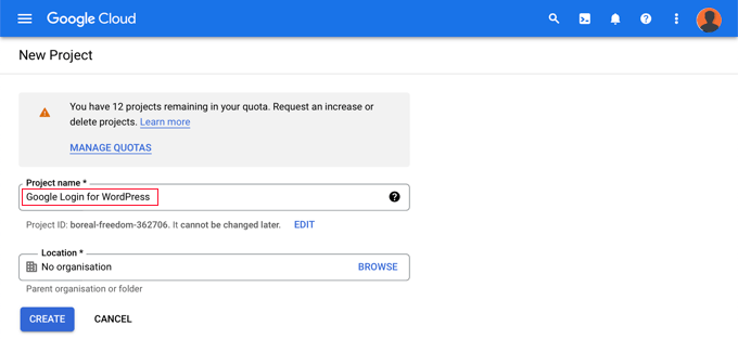 Dai un nome e una posizione al progetto