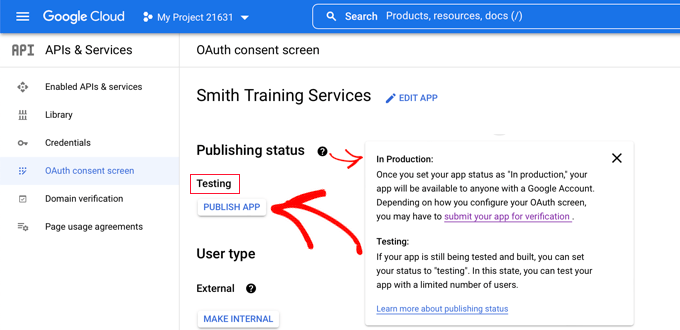 Fai clic su Pubblica app per spostarla in modalità produzione