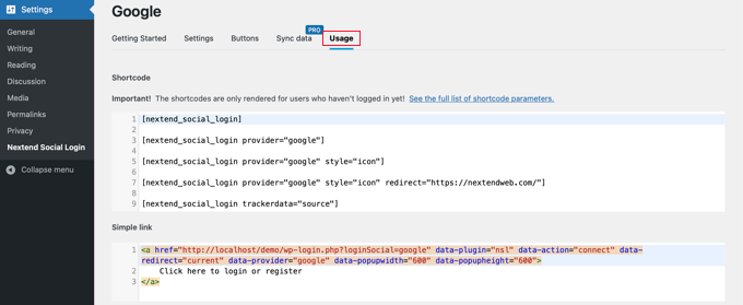 Aggiunta di un pulsante di accesso Google tramite shortcode