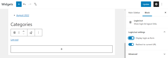 Vedi un'opzione di logout e aggiorna l'area widget Vedi un'opzione di logout e aggiorna l'area widget