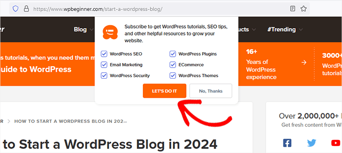 Une notification push, ajoutée à WPBeginner à l'aide de PushEngage