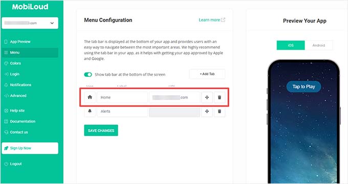 Add navigation menu with MobiLoud