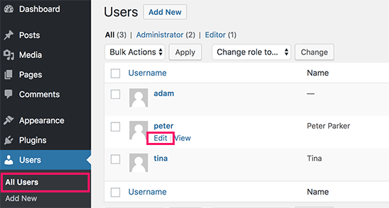 Editing a user account in WordPress Editing a user account in WordPress
