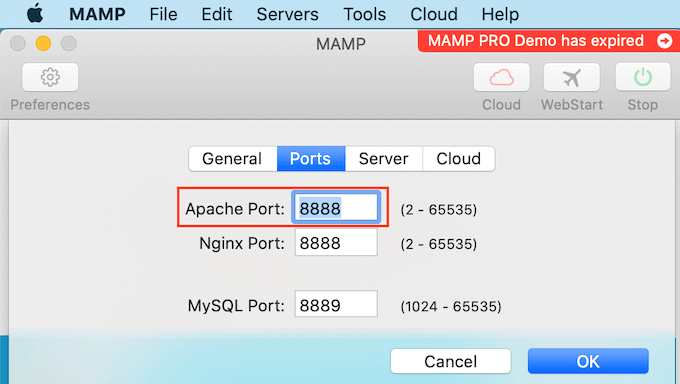 The Apache Port settings The Apache Port settings
