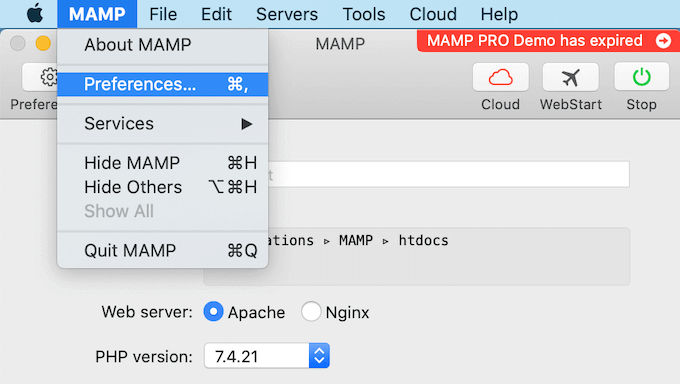 MAMP's preference settings MAMP's preference settings