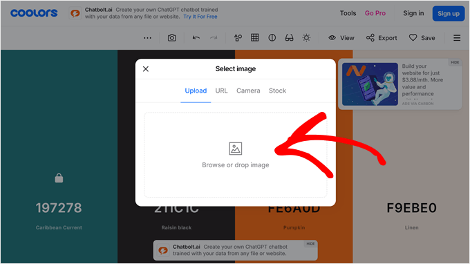 Caricare una foto su Coolors