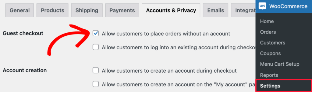 Guest checkout settings Guest checkout settings