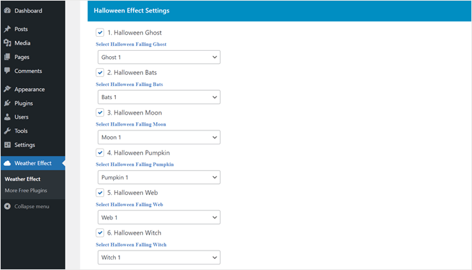 Scelta di uno sfondo a particelle di Halloween con Weather Effect