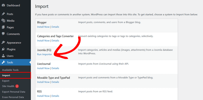 Esegui l'importatore di Joomla