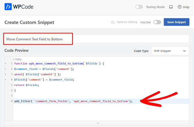 Add a title for the snippet and paste the code into Code Preview box