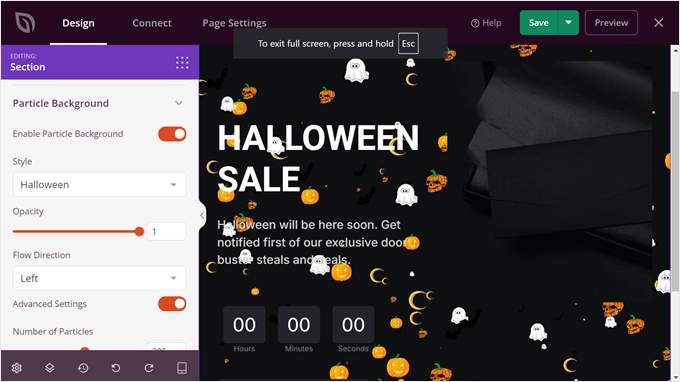 Sfondo a particelle di Halloween creato con SeedProd