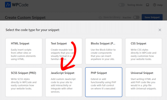 Select JavaScript Snippet as the code type Select JavaScript Snippet as the code type
