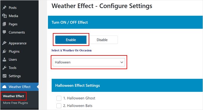 Abilitazione del plugin Weather Effect