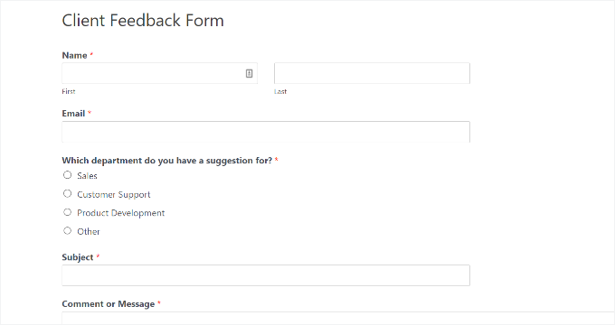 Client feedback form preview Client feedback form preview