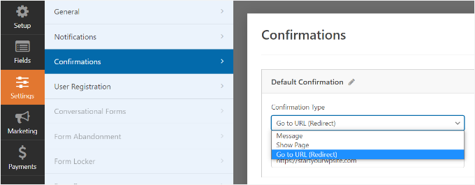 Go to confirmation settings Go to confirmation settings