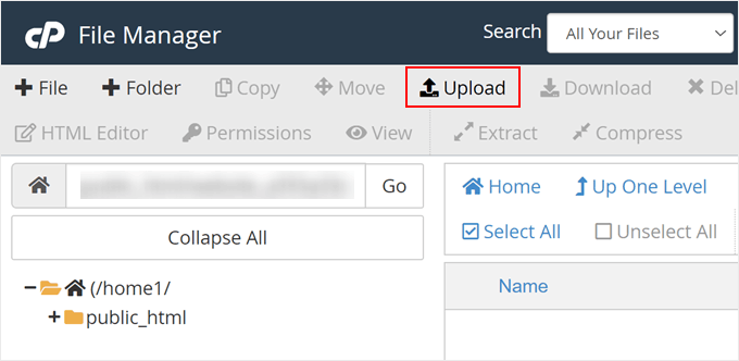 Clicking the Upload button in Bluehost file manager Clicking the Upload button in Bluehost file manager