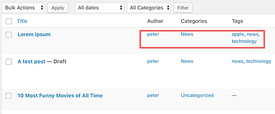 投稿を著者、カテゴリ、またはタグで表示する