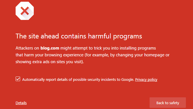 Harmful website warning in Google chrome