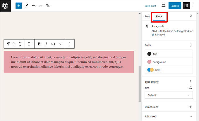 Additional block settings in the side column Additional block settings in the side column