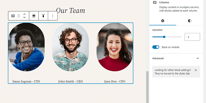 Colums block settings Colums block settings