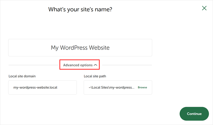 Naming the new local WordPress site with Local WP Naming the new local WordPress site with Local WP
