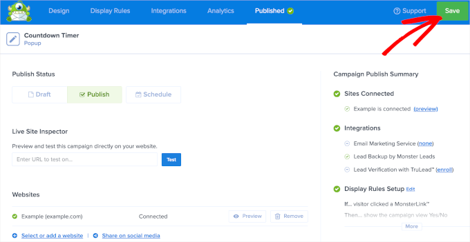 optinmonster-newcampaign-popup-countdown-publish Publishing the campaign with countdown timer