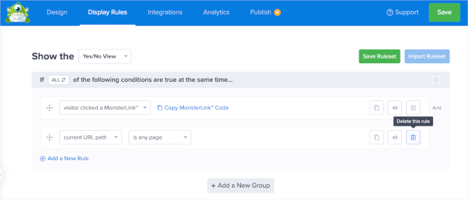 optinmonster-newcampaign-popup-displayrules-copymonsterlinkscode The copy MonsterLink code and trash icon for deleting the other rule