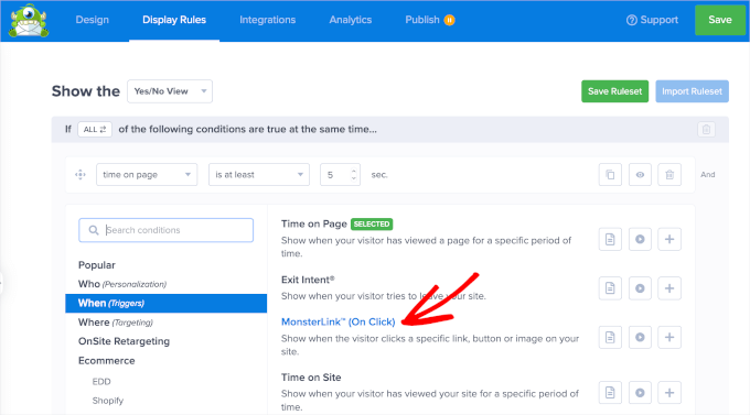 optinmonster-newcampaign-popup-displayrules-monsterlinks Using MonsterLinks in OptinMonster