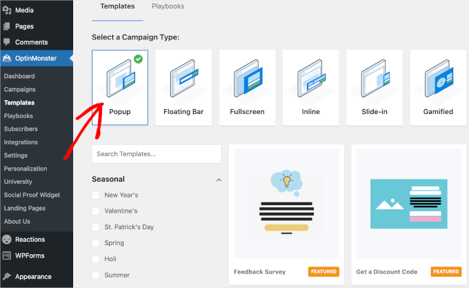 optinmonster-newcampaign-popup Choosing OptinMonster's Popup campaign type