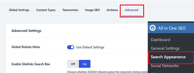 Advanced Search Appearance section in AIOSEO Advanced Search Appearance section in AIOSEO