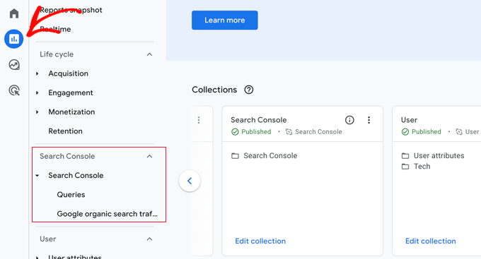 Informe de Search Console encontrado en el menú de navegación de Google Analytics Informe de Search Console encontrado en el menú de navegación de Google Analytics