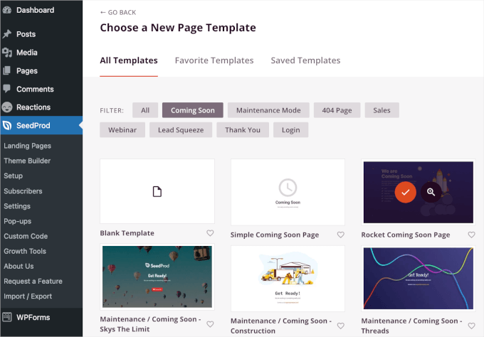 seedprod-landingpages-comingsoon-choosingtemplate Choosing a landing page template